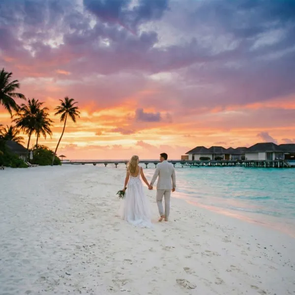 ירח דבש - זוג נשוי הולך על החוף