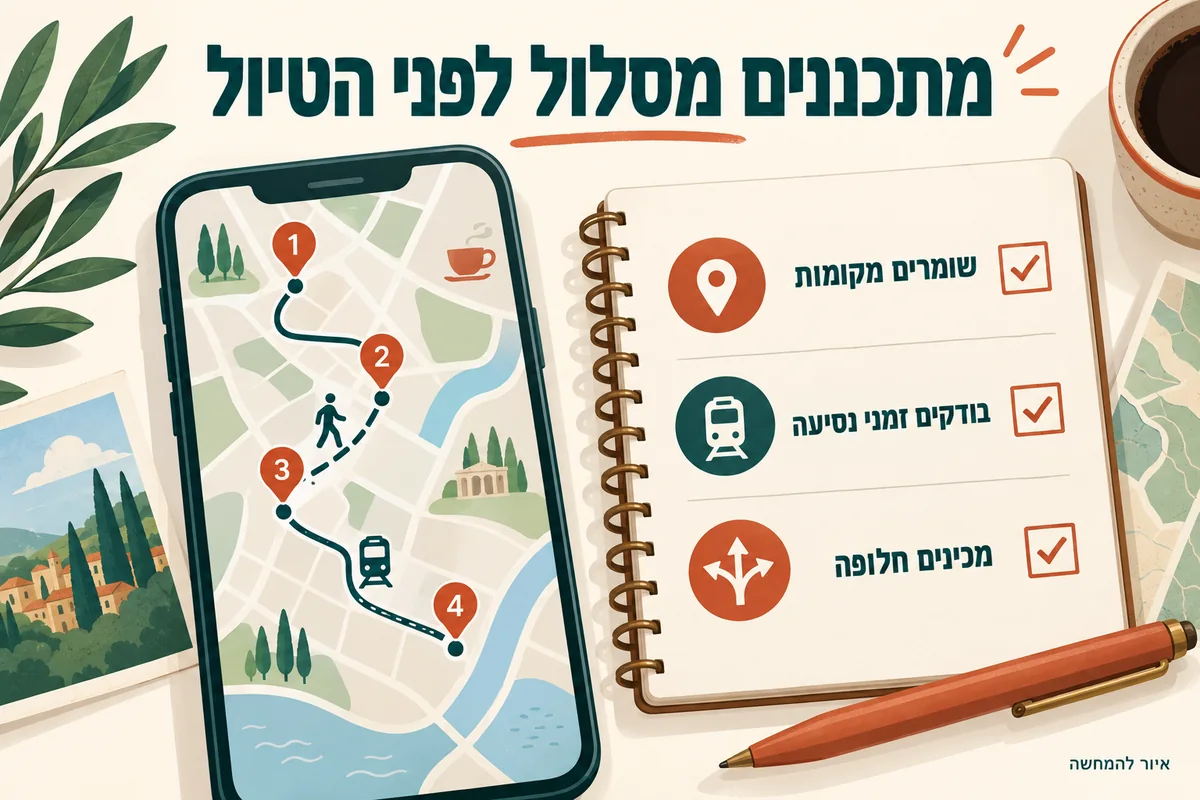 איור להמחשה: שמירת מקומות, בדיקת זמני נסיעה והכנת חלופה למסלול טיול
