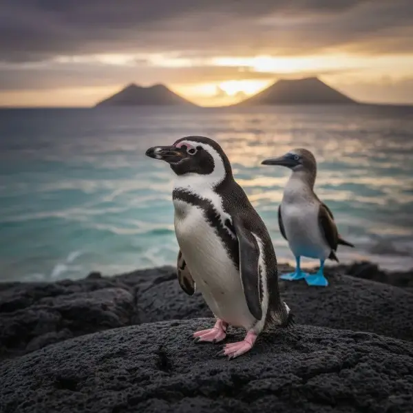 פינגווין גלאפגוס נדיר על סלעי בזלת - תמונה מרהיבה