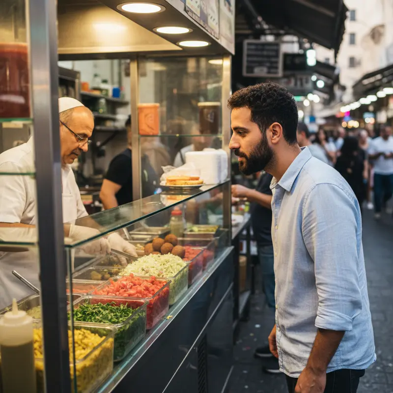 ישראלי בודק דוכן אוכל רחוב בהיגיינה.