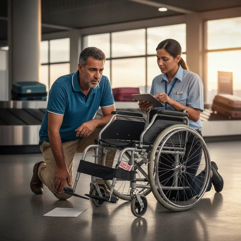 ישראלי בודק כיסא גלגלים שבור בשדה תעופה.