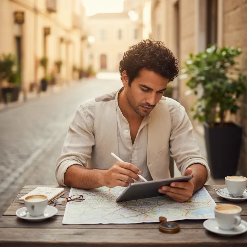 ישראלי צעיר בודק מסלול טיול על מפה.