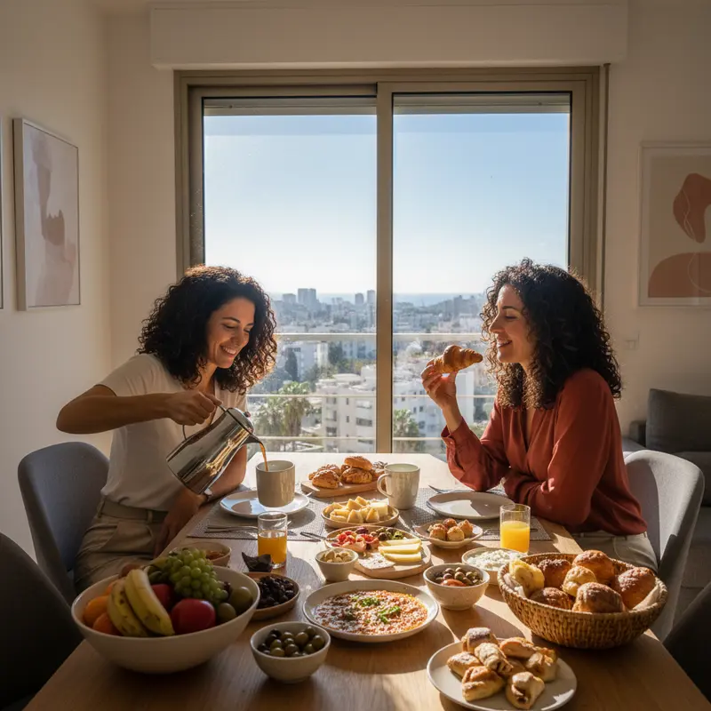 ישראליות נהנות מארוחת בוקר בדירת Airbnb מרווחת.