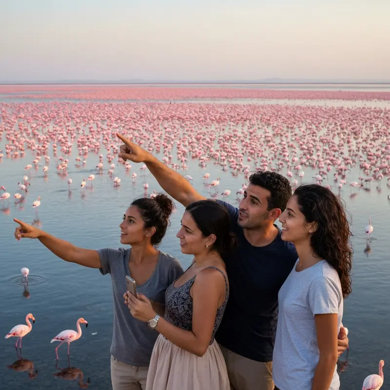 ישראלים צופים בפלמינגואים באגם נטרון