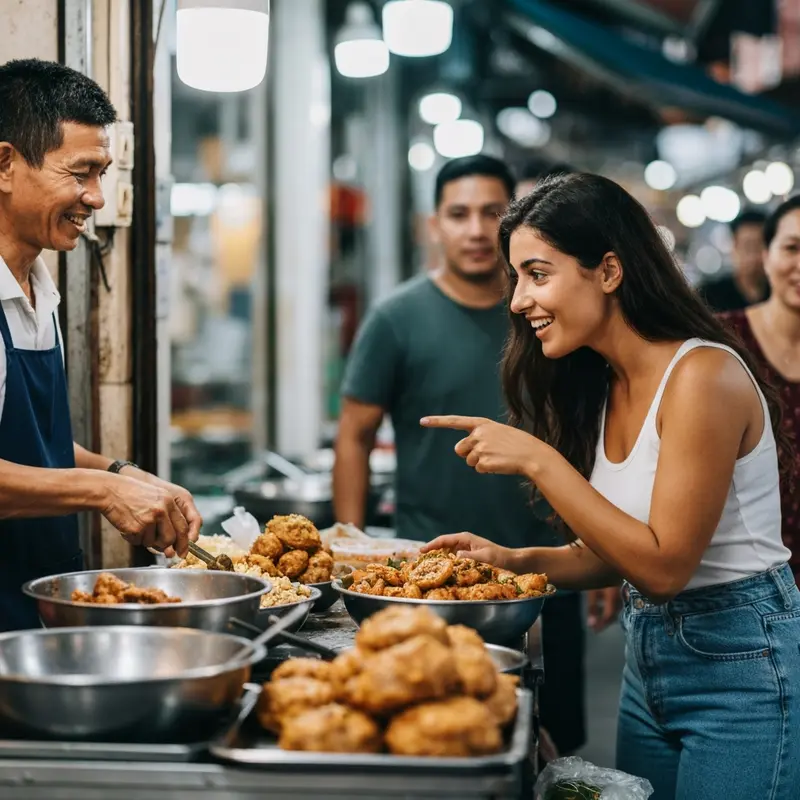 ישראלית שואלת מקומי על מנת אוכל רחוב