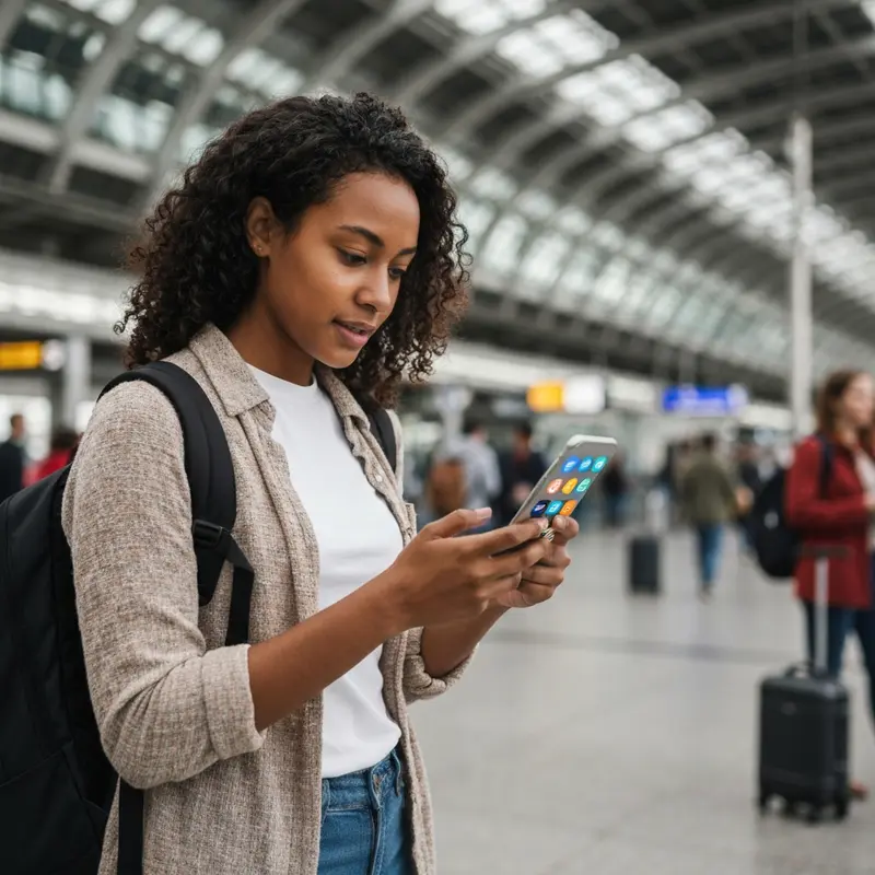 מטייל משתמש באפליקציות חובה לחול בתחנת רכבת הומה.