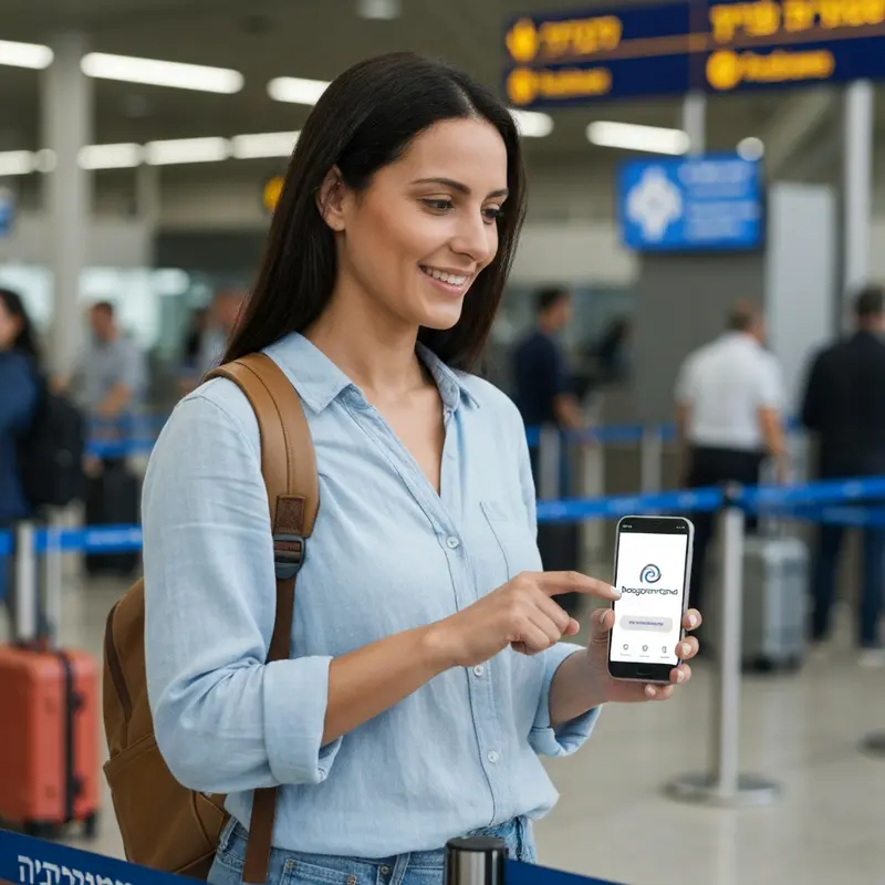 מטיילת ישראלית מפעילה ביטוח באפליקציה בנמל תעופה