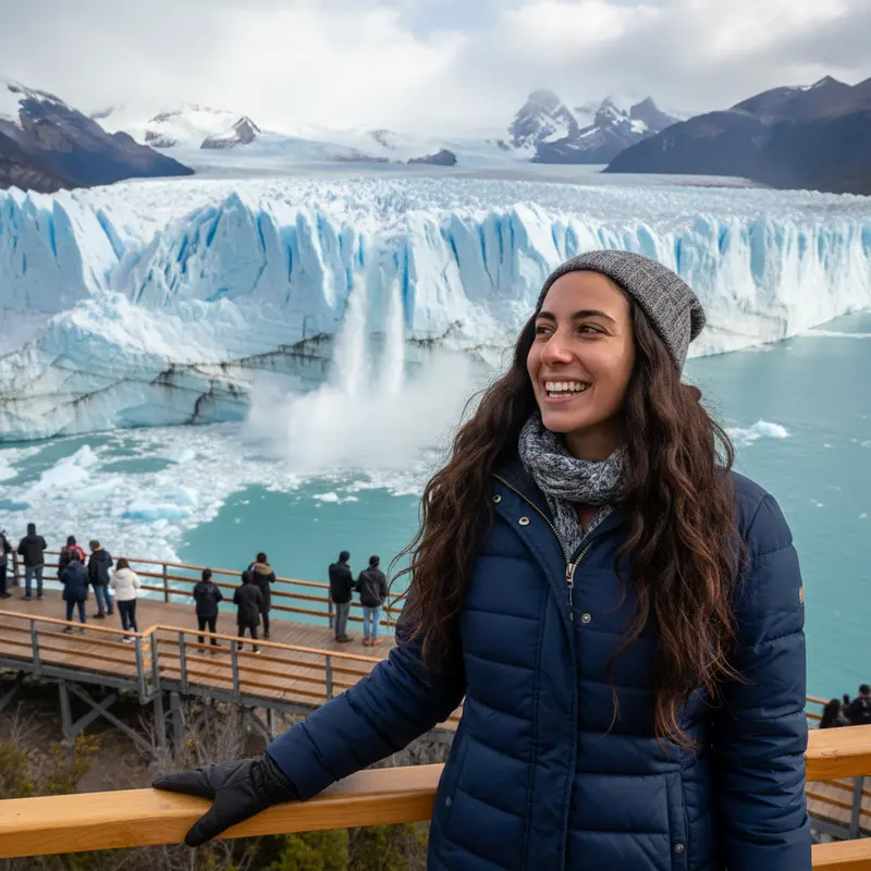 מטיילת ישראלית מתפעלת מקרחון פריטו מורנו בארגנטינה.