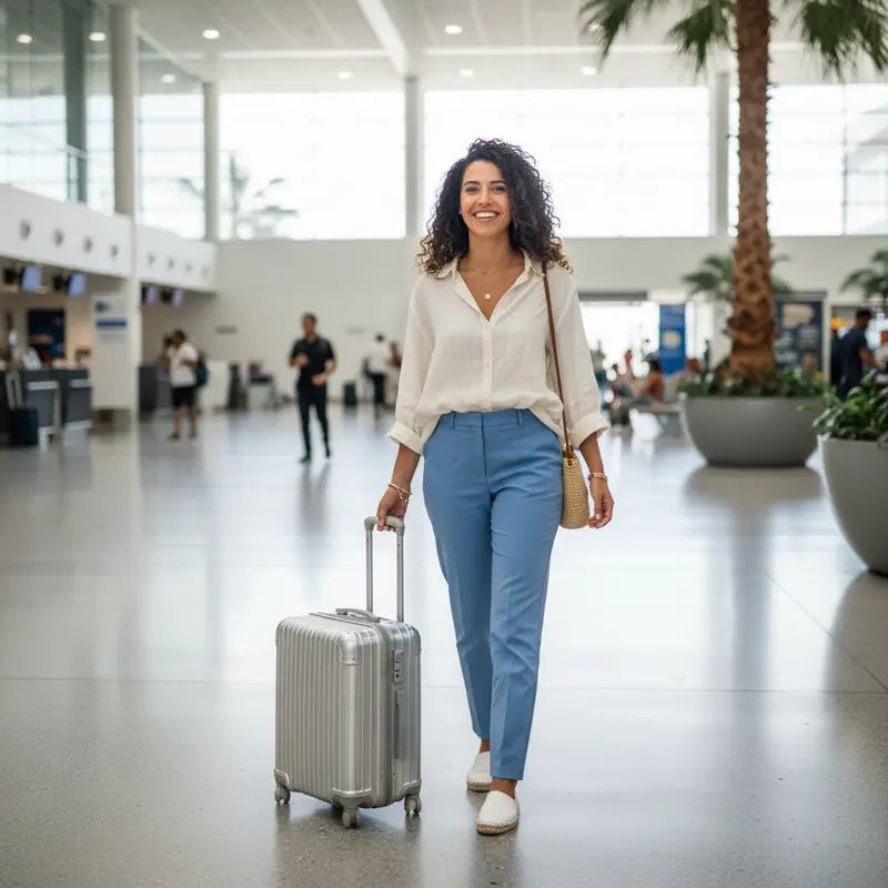 מטיילת ישראלית עם תיק טרולי נישאת בשדה תעופה.