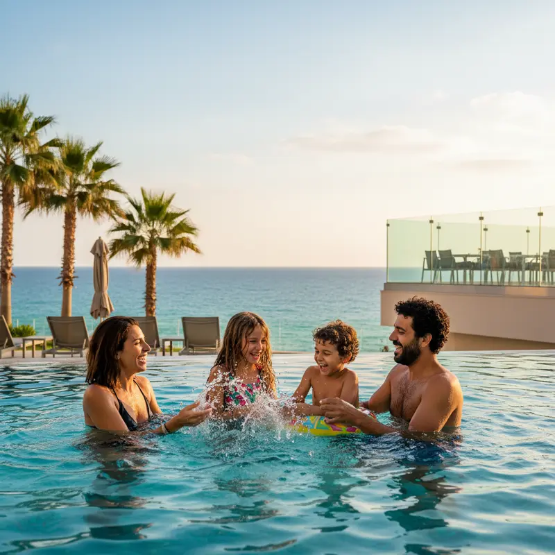 משפחה ישראלית נהנית בבריכת מלון עם נוף.