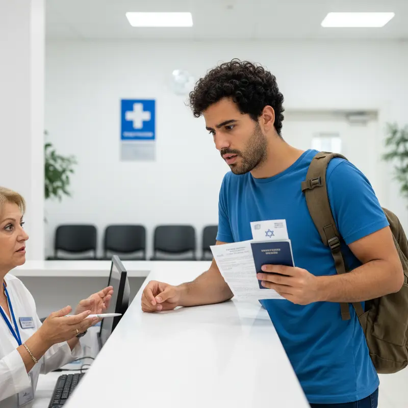 סטודנטית ישראלית מראה דרכון במוקד ביטוח.