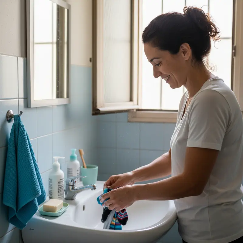 תרמילאי ישראלי עושה כביסה ביד בכיור