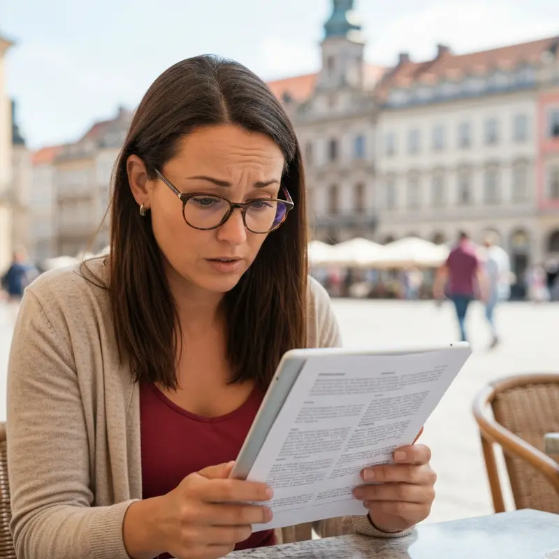 אישה בודקת החרגות ביטוח נסיעות מול נוף אורבני