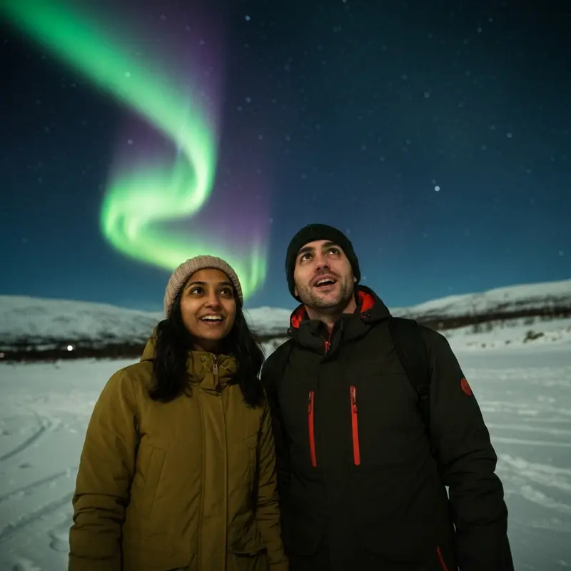 מטיילים לבושים חם צופים בזוהר הצפוני