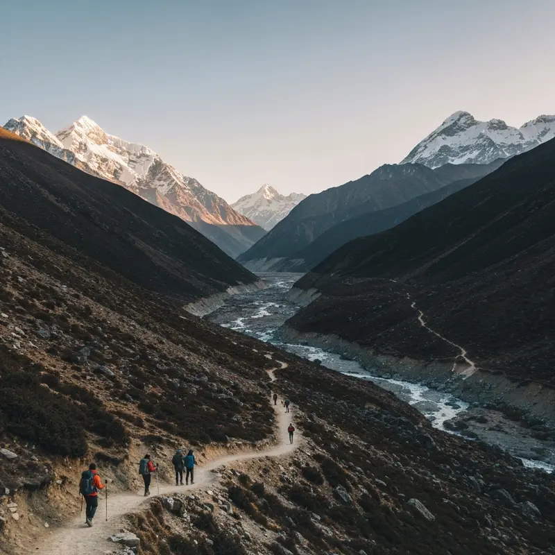 מטיילים צועדים בדרך לאוורסט בייס קאמפ בהימלאיה