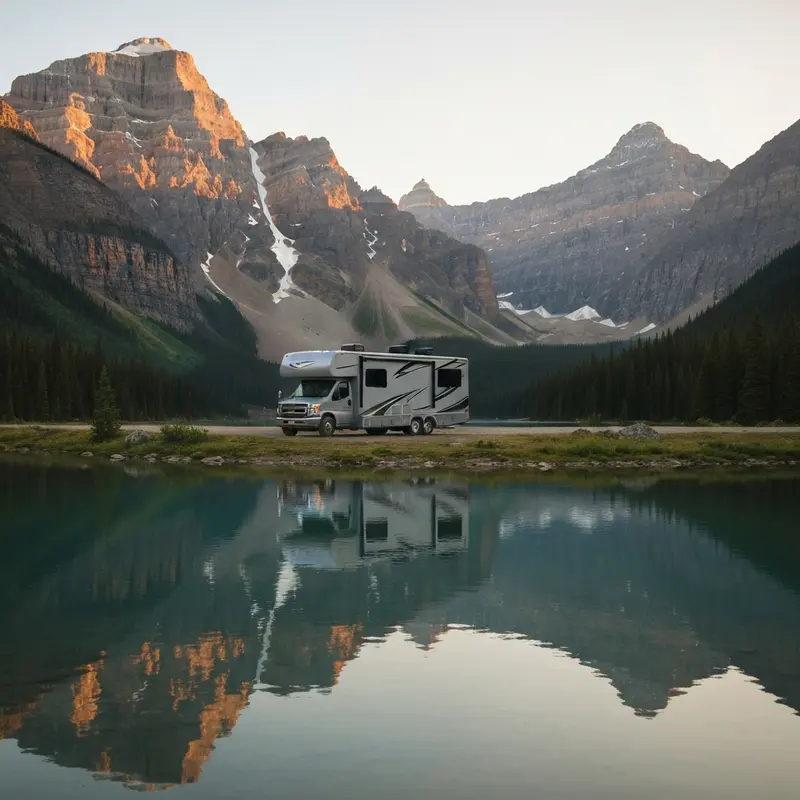 נוף מרהיב של הרי הרוקי הקנדיים עם קרוואן חונה ליד אגם