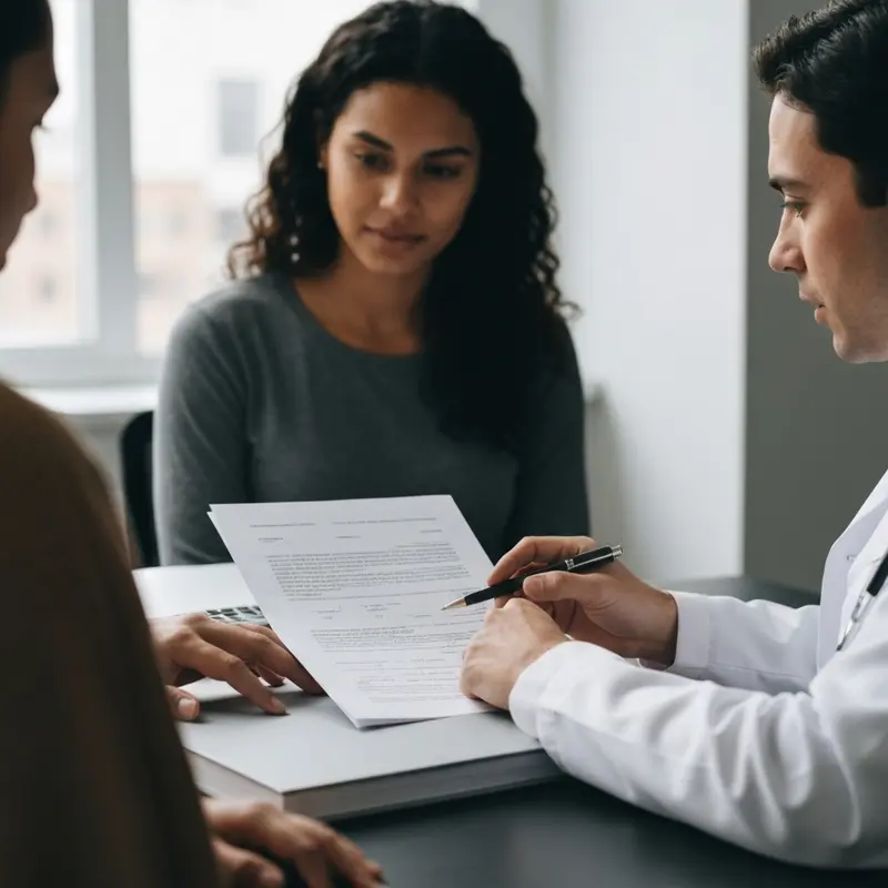 רופא מראה למטופל מסמכים רפואיים