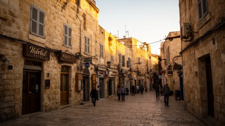 רחוב בעיר העתיקה של ירושלים עם חזיתות אבן וכניסות מלונות