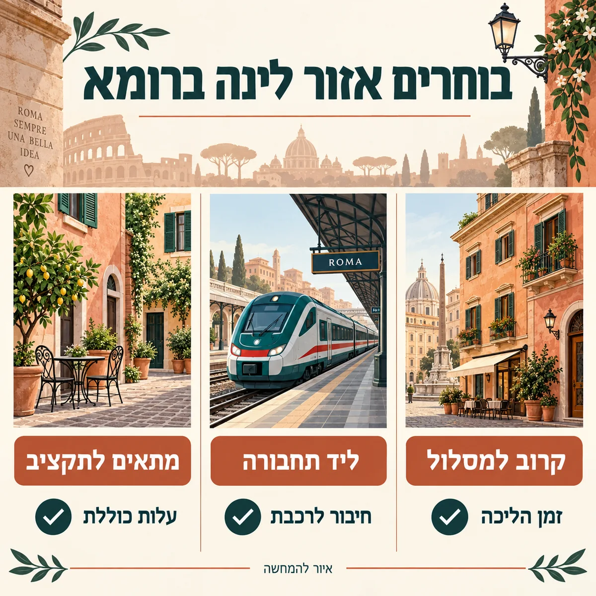 איור להמחשה: בחירת אזור לינה ברומא לפי המסלול, התחבורה והתקציב