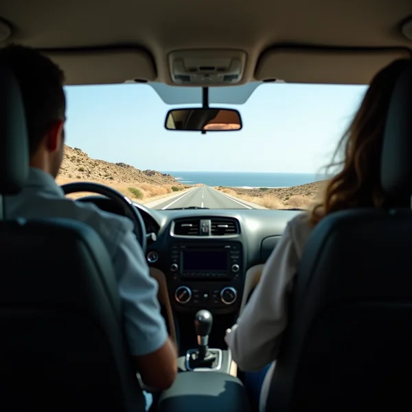 נהיגה בצד שמאל בכביש חופי בקפריסין, מבט מתוך רכב שכור שההגה שלו בצד ימין